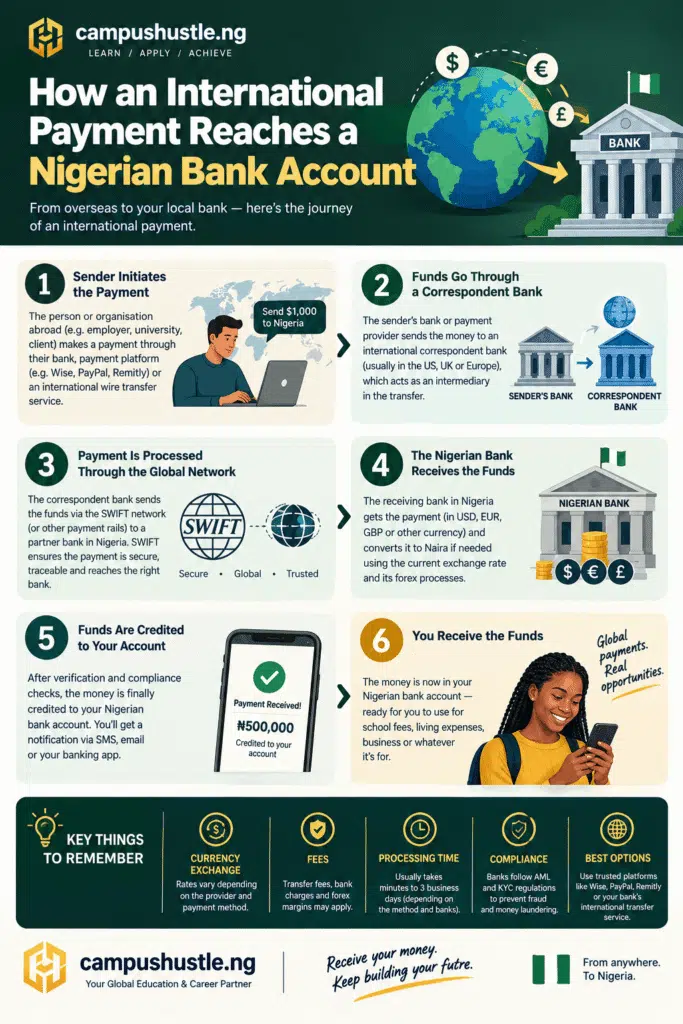 How to Receive International Payments in Nigeria (Payoneer, Wise, Stripe and More) 1 Infographic: "How an international payment reaches a Nigerian bank account"